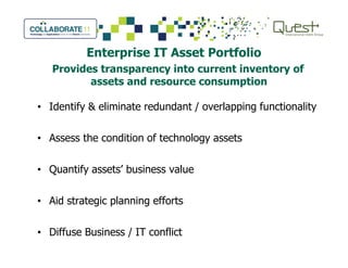 Enterprise IT Asset Portfolio
Provides transparency into current inventory of
assets and resource consumption
• Identify & eliminate redundant / overlapping functionality
• Assess the condition of technology assets• Assess the condition of technology assets
• Quantify assets’ business value
• Aid strategic planning efforts
• Diffuse Business / IT conflict
 