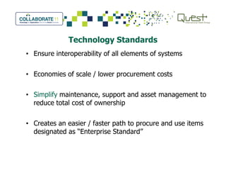 Technology Standards
• Ensure interoperability of all elements of systems
• Economies of scale / lower procurement costs
• Simplify maintenance, support and asset management to
reduce total cost of ownership
• Creates an easier / faster path to procure and use items
designated as “Enterprise Standard”
 