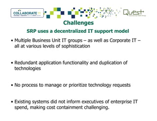 Challenges
SRP uses a decentralized IT support model
• Multiple Business Unit IT groups – as well as Corporate IT –
all at various levels of sophistication
• Redundant application functionality and duplication of• Redundant application functionality and duplication of
technologies
• No process to manage or prioritize technology requests
• Existing systems did not inform executives of enterprise IT
spend, making cost containment challenging.
 