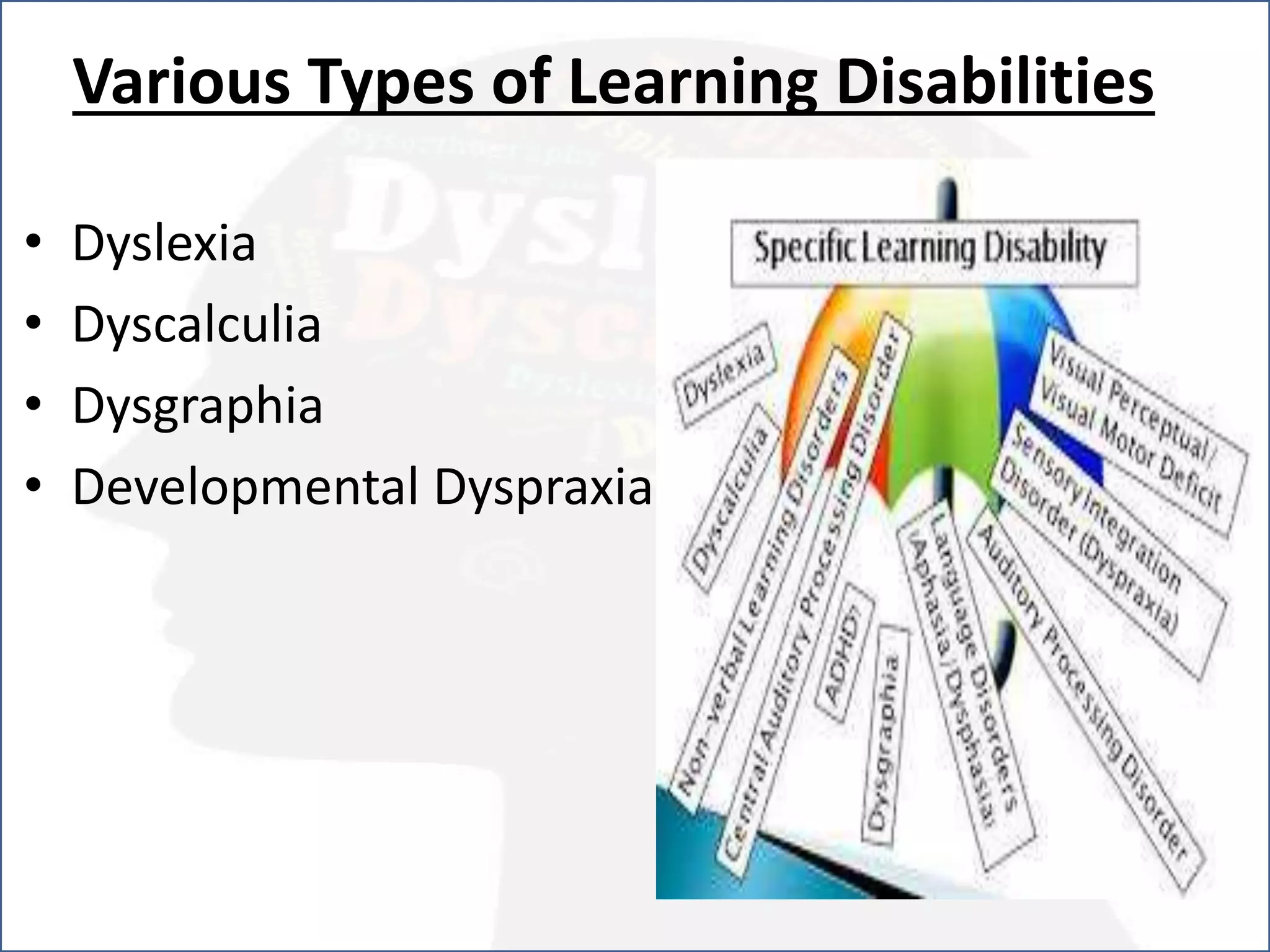 Various Types of Learning Disabilities
• Dyslexia
• Dyscalculia
• Dysgraphia
• Developmental Dyspraxia
 