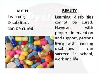 MYTH
Learning
Disabilities
can be cured.
REALITY
Learning disabilities
cannot be cured.
However, with
proper intervention
and support, persons
living with learning
disabilities can
succeed in school,
work and life.
 