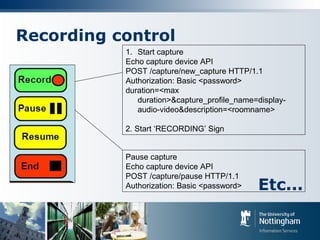 Recording control
1. Start capture
Echo capture device API
POST /capture/new_capture HTTP/1.1
Authorization: Basic <password>
duration=<max
duration>&capture_profile_name=display-
audio-video&description=<roomname>
2. Start ‘RECORDING’ Sign
Pause capture
Echo capture device API
POST /capture/pause HTTP/1.1
Authorization: Basic <password> Etc...
 
