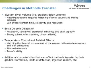 ©2015 Waters Corporation 11
Challenges in Methods Transfer
 System dwell volume (i.e. gradient delay volume)
– Matching gradients requires matching of dwell volume and mixing
behavior
– Can affect retention time, selectivity and resolution
 Extra Column Dispersion
– Resolution, sensitivity, separation efficiency and peak capacity
– Strong solvent effects (strong diluent effects)
 Temperature Control and Related Effects
– Matching the thermal environment of the column both oven temperature
and inlet preheating
– Thermal mismatch
– Transferability
 Additional characteristics that can affect methods transfer include
gradient formation, limits of detection, injection modes, etc.
 