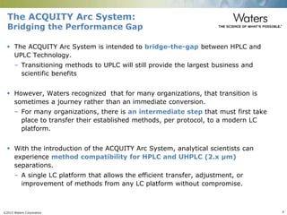 ©2015 Waters Corporation 6
The ACQUITY Arc System:
Bridging the Performance Gap
 The ACQUITY Arc System is intended to bridge-the-gap between HPLC and
UPLC Technology.
– Transitioning methods to UPLC will still provide the largest business and
scientific benefits
 However, Waters recognized that for many organizations, that transition is
sometimes a journey rather than an immediate conversion.
– For many organizations, there is an intermediate step that must first take
place to transfer their established methods, per protocol, to a modern LC
platform.
 With the introduction of the ACQUITY Arc System, analytical scientists can
experience method compatibility for HPLC and UHPLC (2.x µm)
separations.
– A single LC platform that allows the efficient transfer, adjustment, or
improvement of methods from any LC platform without compromise.
 
