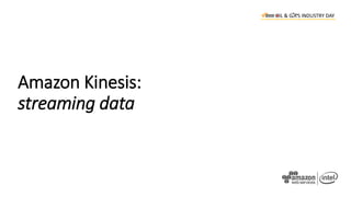 • Kinesis Streams
• Stores data as a
continuous replayable
stream for custom
applications
• Kinesis Firehose
• Load stream...