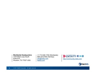Worldwide Headquarters                           +1 713.548.1700 (Worldwide)
     1233 West Loop South                             888.323.6768 (Toll-free)
     Suite 810                                        info@netiq.com                http://community.netiq.com
     Houston, TX 77027 USA                            NetIQ.com



20   © 2011 NetIQ Corporation. All rights reserved.
 