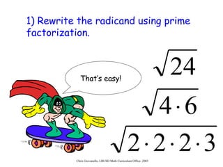 1) Rewrite the radicand using prime factorization. That’s easy! 