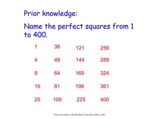 Prior knowledge: Name the perfect squares from 1 to 400. 1 4 9 16 25 36 49 64 81 100 121 144 169 196 225 256 289 324 361 400 