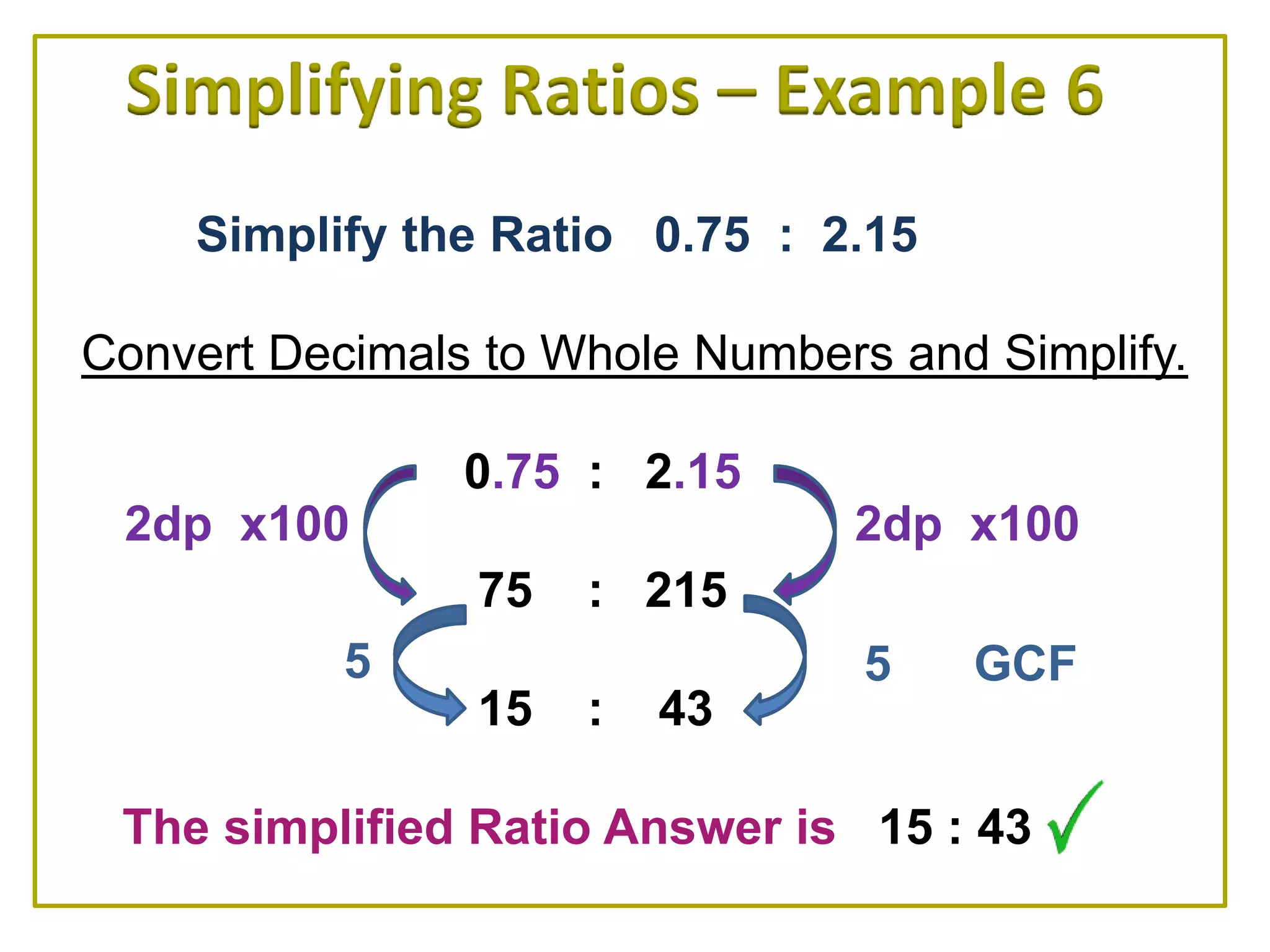 Simplifying Ratios – Example 6
    Simplify the Ratio 0.75 : 2.15

Convert Decimals to Whole Numbers and Simplify.

                0.75 : 2.15
 2dp x100                       2dp x100
                75   : 215
           5                     5   GCF
                15   :   43

 The simplified Ratio Answer is 15 : 43
 
