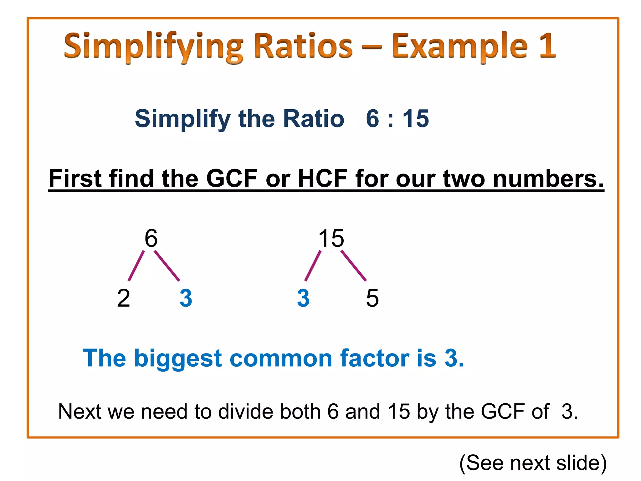 Simplify the Ratio 6 : 15

First find the GCF or HCF for our two numbers.

          6                 15

      2       3         3        5

  The biggest common factor is 3.

Next we need to divide both 6 and 15 by the GCF of 3.

                                        (See next slide)
 