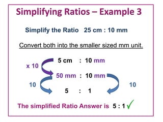 Simplifying Ratios – Example 3
  Simplify the Ratio 5 cm : 10 mm

Convert both into the smaller sized mm unit.

             5 cm    : 10 mm
  x 10
             50 mm : 10 mm
   10                                  10
                5    :   1

The simplified Ratio Answer is 5 : 1
 
