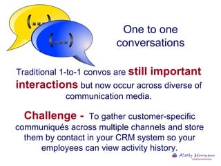 One to one conversations Traditional 1-to-1 convos are  still important interactions  but now occur across diverse communication media. Challenge -  To gather customer-specific communiqués across multiple channels and store them by contact in your CRM system so your employees can view activity history. 