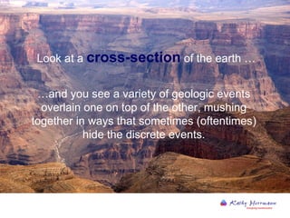 Look at a  cross-section  of the earth … … and you see a variety of geologic events overlain one on top of the other, mushing together in ways that sometimes (oftentimes) hide the discrete events. 