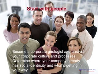Start with people.   Become a corporate geologist and unravel your corporate culture and processes.  Determine where your company already has social-centricity and what’s getting in your way. 