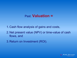 Cash flow analysis of gains and costs,  Net present value (NPV) or time-value of cash flows, and  Return on Investment (ROI).  Psst.  Valuation = 