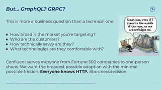 Copyright 2021, Conﬂuent, Inc. All rights reserved. This document may not be reproduced in any manner without the express written permission of Conﬂuent, Inc.
But… GraphQL? GRPC?
11
This is more a business question than a technical one
● How broad is the market you’re targeting?
● Who are the customers?
● How technically savvy are they?
● What technologies are they comfortable with?
Conﬂuent serves everyone from Fortune 500 companies to one-person
shops. We want the broadest possible adoption with the minimal
possible friction. Everyone knows HTTP. #businessdecision
 
