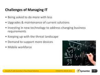 Challenges of Managing IT
• Being asked to do more with less
• Upgrades & maintenance of current solutions
• Investing in new technology to address changing business
  requirements
• Keeping up with the threat landscape
• Demand to support more devices
• Mobile workforce




Simplify IT with Symantec’s Cloud-Based Solutions   SYMANTEC VISION 2011   3
 