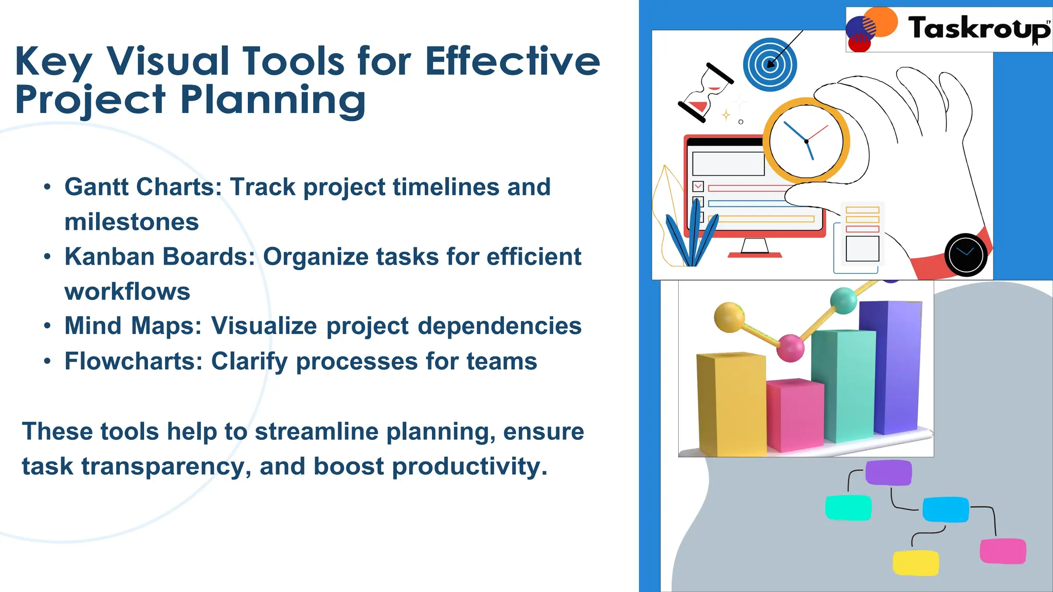 Key Visual Tools for Effective
Project Planning
• Gantt Charts: Track project timelines and
milestones
• Kanban Boards: Organize tasks for efficient
workflows
• Mind Maps: Visualize project dependencies
• Flowcharts: Clarify processes for teams
These tools help to streamline planning, ensure
task transparency, and boost productivity.
 