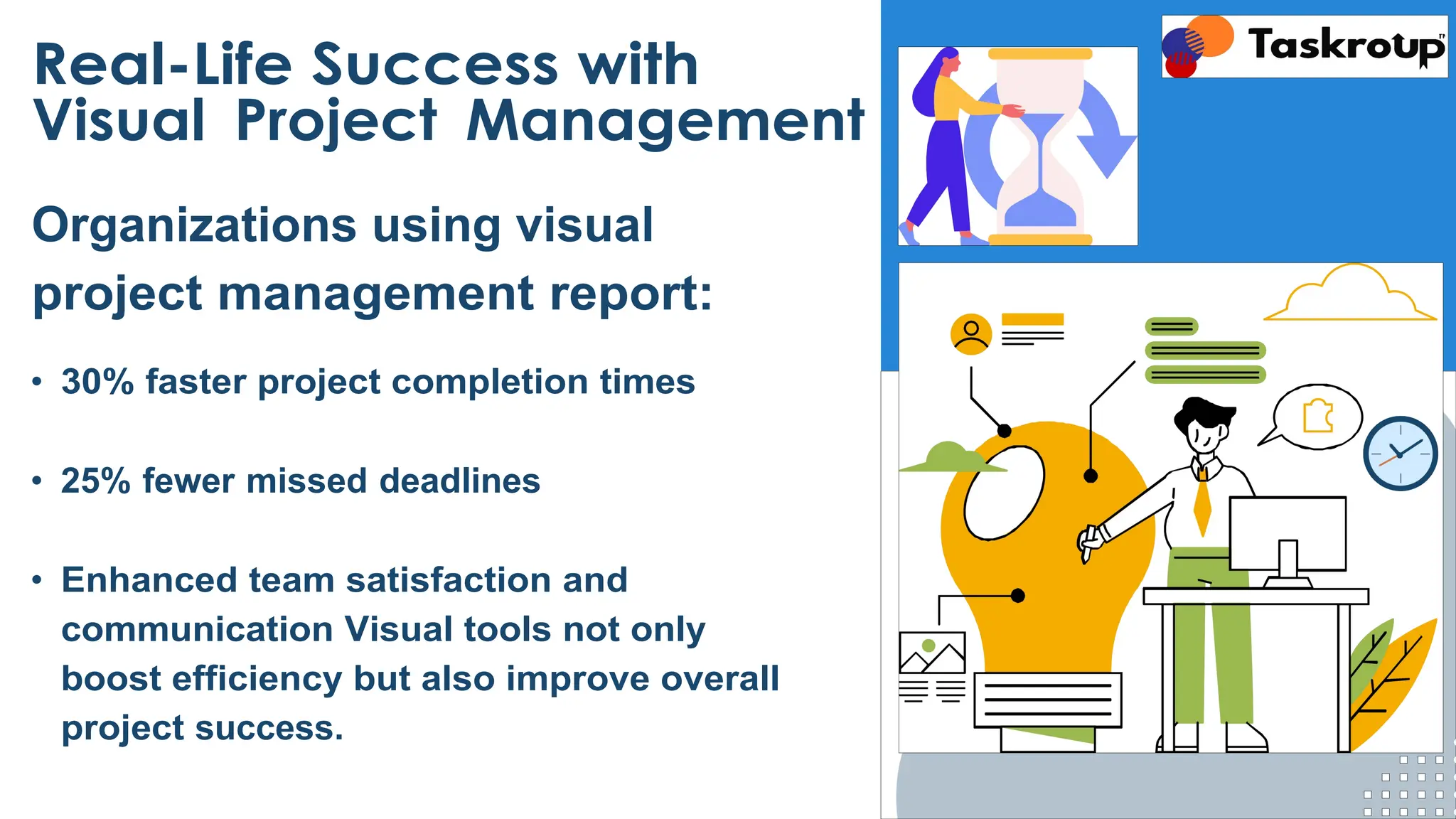 Real-Life Success with
Visual Project Management
Organizations using visual
project management report:
• 30% faster project completion times
• 25% fewer missed deadlines
• Enhanced team satisfaction and
communication Visual tools not only
boost efficiency but also improve overall
project success.
 