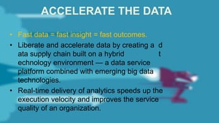 ACCELERATE THE DATA
• Fast data = fast insight = fast outcomes.
• Liberate and accelerate data by creating a d
ata supply chain built on a hybrid t
echnology environment — a data service
platform combined with emerging big data
technologies.
• Real-time delivery of analytics speeds up the
execution velocity and improves the service
quality of an organization.
 