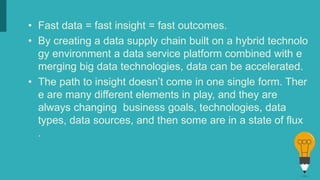• Fast data = fast insight = fast outcomes.
• By creating a data supply chain built on a hybrid technolo
gy environment a data service platform combined with e
merging big data technologies, data can be accelerated.
• The path to insight doesn’t come in one single form. Ther
e are many different elements in play, and they are
always changing business goals, technologies, data
types, data sources, and then some are in a state of flux
.
 