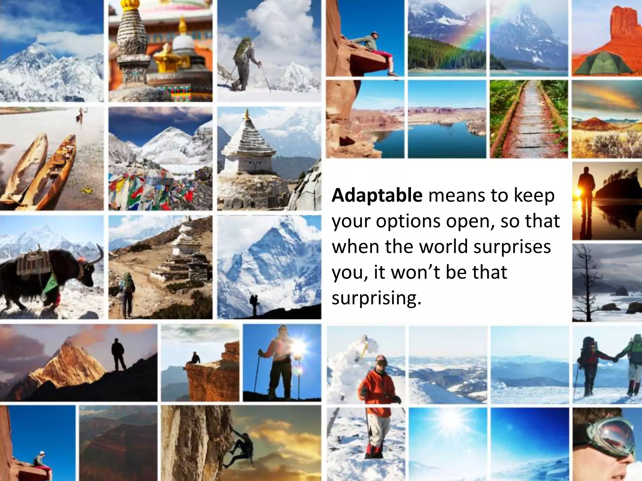 Adaptable means to keep
your options open, so that
when the world surprises
you, it won’t be that
surprising.