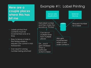 Here are a
couple places
where this has
bit me
• Labels printed that
contents must be
incremented one at a
time
• Easy to leave a hole in
the timing where a
request can come in mid-
transaction
• Can result in wrong
number being returned
Server side
Appilcation
External
Device
Requests Number
for a label
Gets label number
and then marks the
records as ‘Printed’
Can be run
multiple times
from multiple
places Also gets
incremented
when a new
order comes inOh…and it
gets initialized
when a
particular
action is taken
Example #1: Label Printing
 