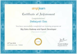 Debajyoti Das
1 Project passed | Test passed
Big Data Hadoop and Spark Developer
10th Apr 2018
Certificate code : 738342
 