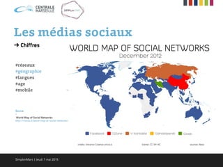 Les médias sociaux
➔ Chiffres
#réseaux
#géographie
#langues
#age
#mobile
Source
-
World Map of Social Networks
http://vincos.it/world-map-of-social-networks/
SimplonMars | Jeudi 7 mai 2015
 