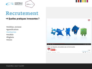 Recrutement
➔ Quelles pratiques innovantes ?
#médias_sociaux
#gamification
#webseries
#mobile
#bigdata
#mooc
SimplonMars | Jeudi 7 mai 2015
 