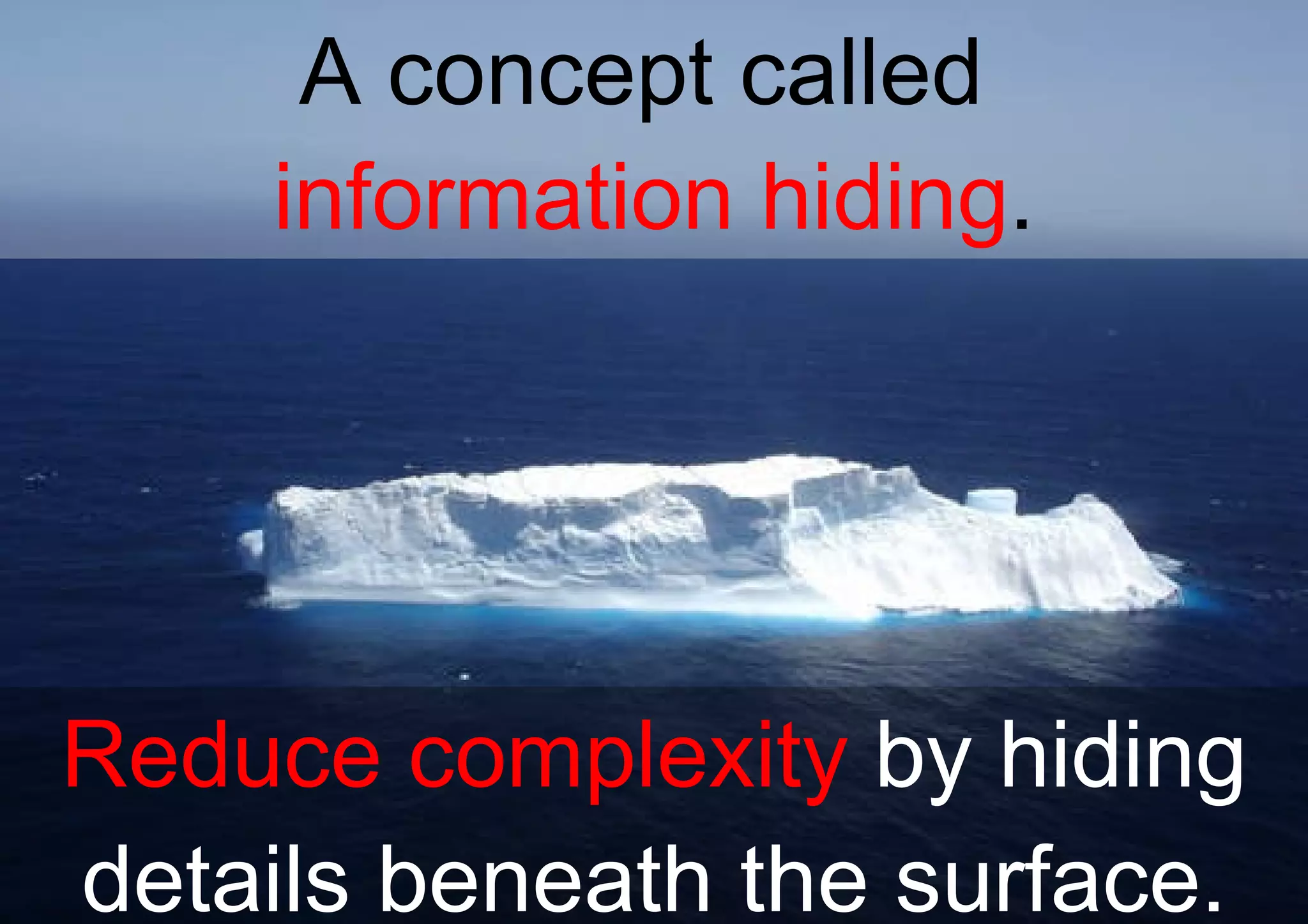 A concept called  information hiding . Reduce complexity  by hiding details beneath the surface. 