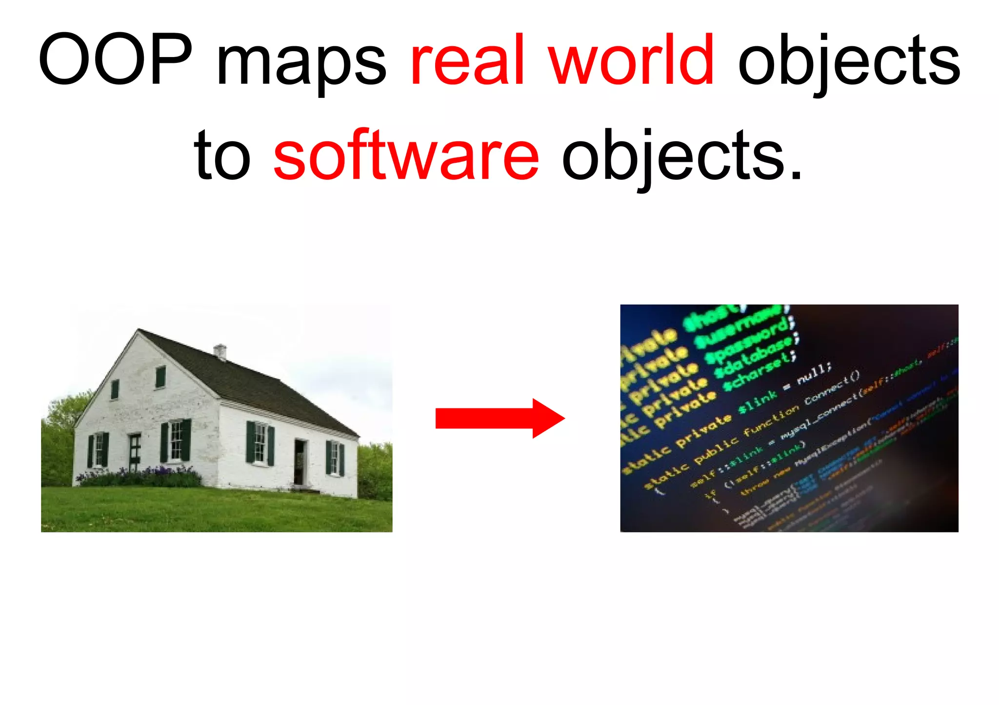 OOP maps  real world  objects to  software  objects. 