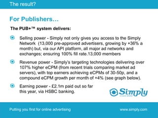 The result?

For Publishers…
The PUB+™ system delivers:

      Selling power - Simply not only gives you access to the Simply
      Network (13,000 pre-approved advertisers, growing by +36% a
      month) but, via our API platform, all major ad networks and
      exchanges; ensuring 100% fill rate.13,000 members
      Revenue power - Simply’s targeting technologies delivering over
      107% higher eCPM (from recent trials comparing market ad
      servers), with top earners achieving eCPMs of 30-50p, and a
      compound eCPM growth per month of +4% (see graph below).
      Earning power - £2.1m paid out so far
      this year, via HSBC banking.



Putting you first for online advertising                www.simply.com
 