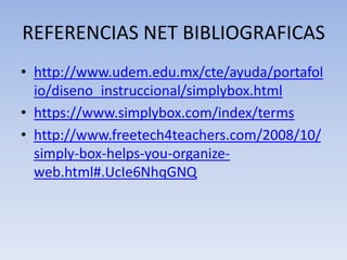 REFERENCIAS NET BIBLIOGRAFICAS
• http://www.udem.edu.mx/cte/ayuda/portafol
io/diseno_instruccional/simplybox.html
• https://www.simplybox.com/index/terms
• http://www.freetech4teachers.com/2008/10/
simply-box-helps-you-organize-
web.html#.UcIe6NhqGNQ
 