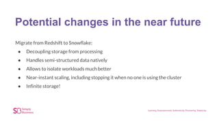 Potential changes in the near future
Migrate from Redshift to Snowflake:
● Decoupling storage from processing
● Handles semi-structured data natively
● Allows to isolate workloads much better
● Near-instant scaling, including stopping it when no one is using the cluster
● Infinite storage!
 