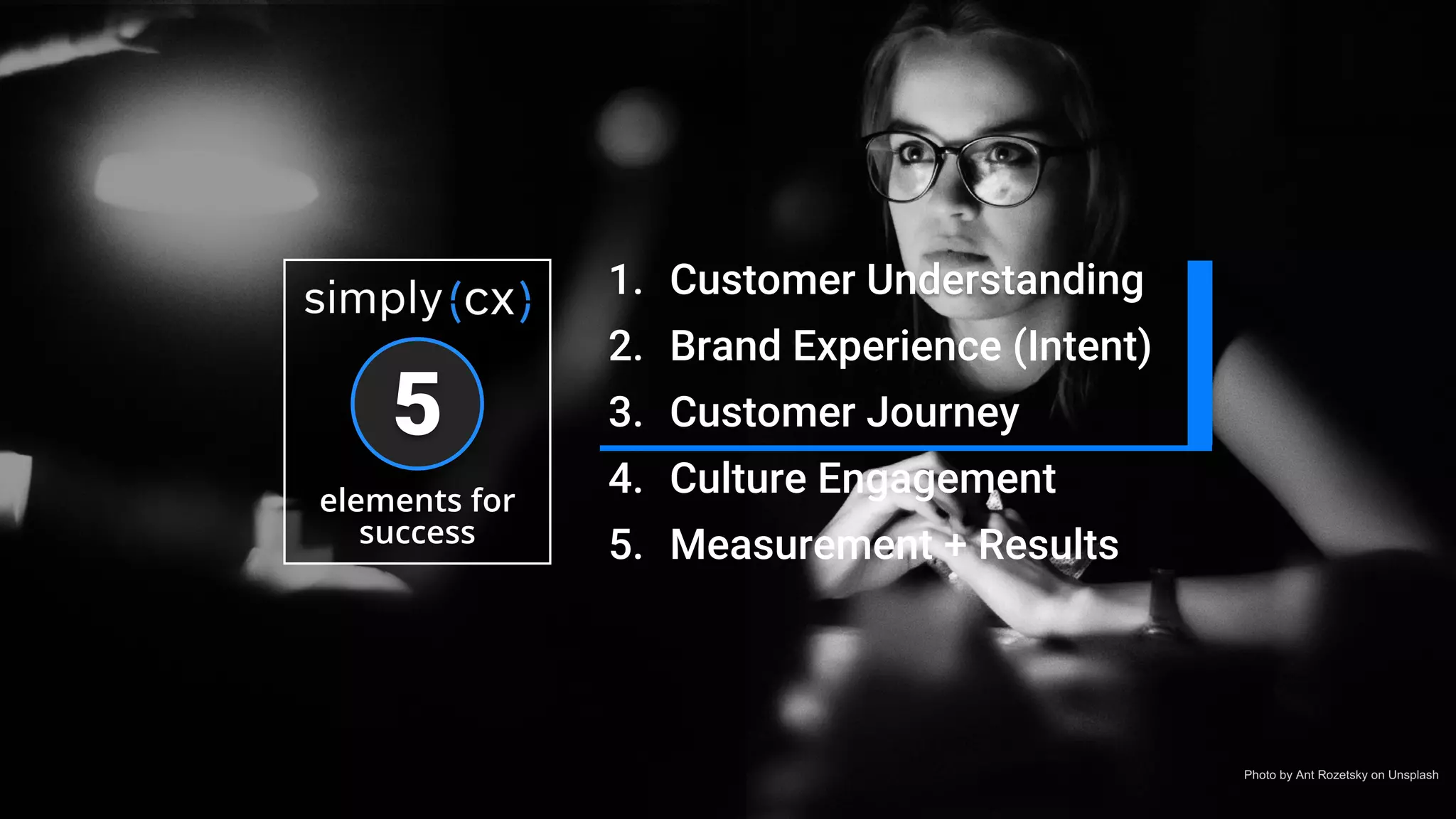 © 2019 SimplyCX Inc. All Rights Reserved. PRIVATE & CONFIDENTIAL
1. Customer Understanding
2. Brand Experience (Intent)
3. Customer Journey
4. Culture Engagement
5. Measurement + Results
5
elements for
success
Photo by Ant Rozetsky on Unsplash
 