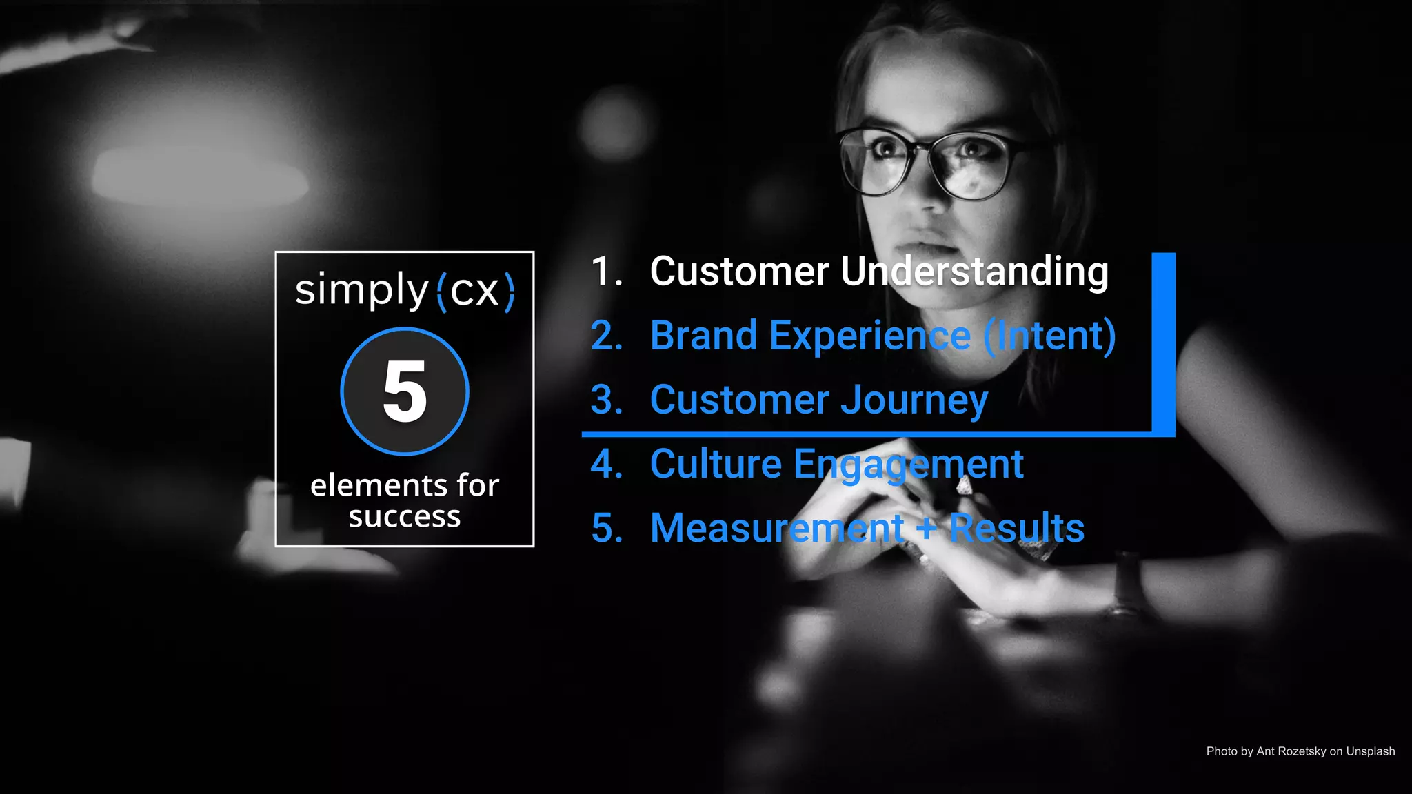 © 2019 SimplyCX Inc. All Rights Reserved. PRIVATE & CONFIDENTIAL
1. Customer Understanding
2. Brand Experience (Intent)
3. Customer Journey
4. Culture Engagement
5. Measurement + Results
5
elements for
success
Photo by Ant Rozetsky on Unsplash
 