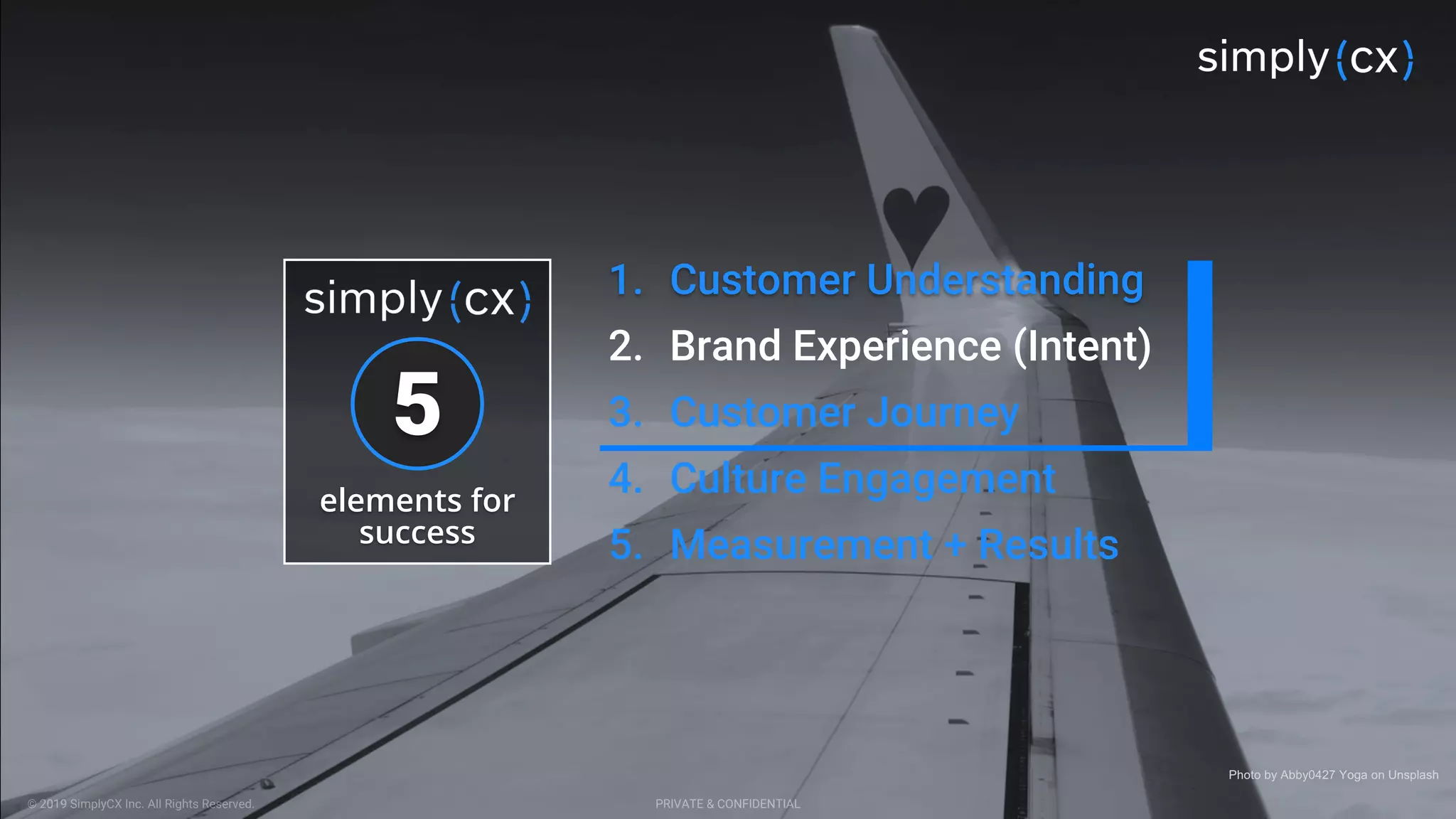 © 2019 SimplyCX Inc. All Rights Reserved. PRIVATE & CONFIDENTIAL
1. Customer Understanding
2. Brand Experience (Intent)
3. Customer Journey
4. Culture Engagement
5. Measurement + Results
5
elements for
success
Photo by Abby0427 Yoga on Unsplash
 