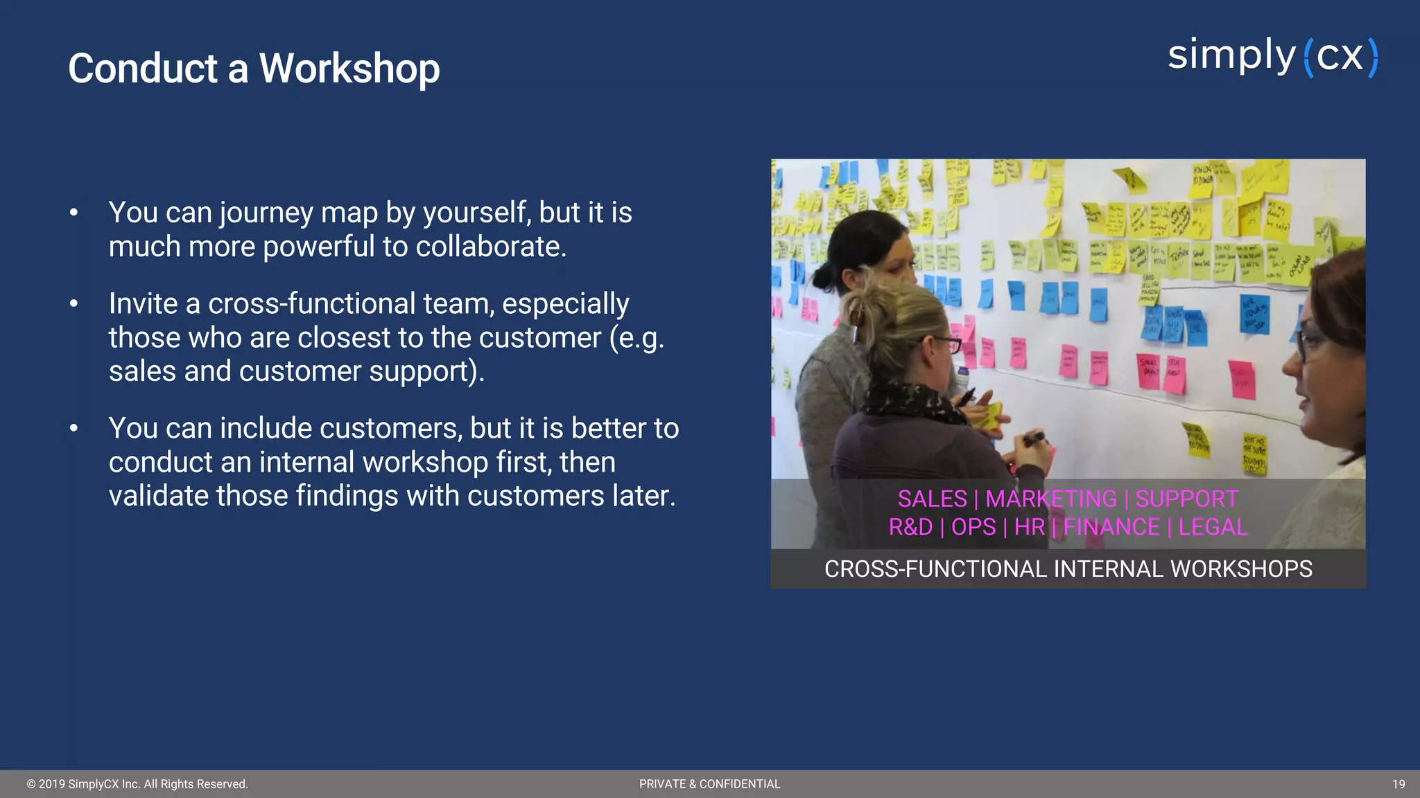 © 2019 SimplyCX Inc. All Rights Reserved. PRIVATE & CONFIDENTIAL© 2019 SimplyCX Inc. All Rights Reserved. PRIVATE & CONFIDENTIAL 19
Conduct a Workshop
CROSS-FUNCTIONAL INTERNAL WORKSHOPS
• You can journey map by yourself, but it is
much more powerful to collaborate.
• Invite a cross-functional team, especially
those who are closest to the customer (e.g.
sales and customer support).
• You can include customers, but it is better to
conduct an internal workshop first, then
validate those findings with customers later. SALES | MARKETING | SUPPORT
R&D | OPS | HR | FINANCE | LEGAL
 