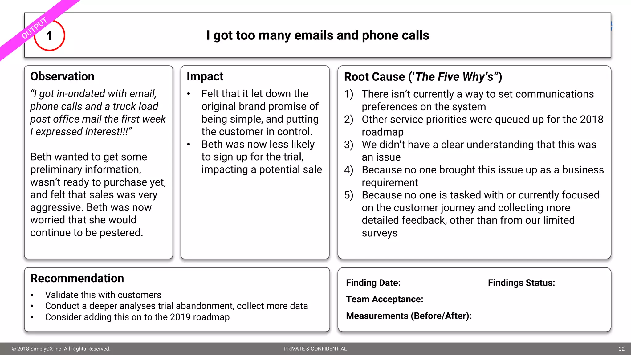 © 2018 SimplyCX Inc. All Rights Reserved. PRIVATE & CONFIDENTIAL© 2018 SimplyCX Inc. All Rights Reserved. PRIVATE & CONFIDENTIAL 32
I got too many emails and phone calls1
Observation
“I got in-undated with email,
phone calls and a truck load
post office mail the first week
I expressed interest!!!”
Beth wanted to get some
preliminary information,
wasn’t ready to purchase yet,
and felt that sales was very
aggressive. Beth was now
worried that she would
continue to be pestered.
Root Cause (‘The Five Why’s”)
1) There isn’t currently a way to set communications
preferences on the system
2) Other service priorities were queued up for the 2018
roadmap
3) We didn’t have a clear understanding that this was
an issue
4) Because no one brought this issue up as a business
requirement
5) Because no one is tasked with or currently focused
on the customer journey and collecting more
detailed feedback, other than from our limited
surveys
Recommendation
• Validate this with customers
• Conduct a deeper analyses trial abandonment, collect more data
• Consider adding this on to the 2019 roadmap
Finding Date: Findings Status:
Team Acceptance:
Measurements (Before/After):
Impact
• Felt that it let down the
original brand promise of
being simple, and putting
the customer in control.
• Beth was now less likely
to sign up for the trial,
impacting a potential sale
 