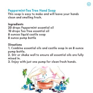 Peppermint-Tea Tree Hand Soap
Peppermint-Tea Tree Hand Soap
This soap is easy to make and will leave your hands
clean and smelling fresh.
Ingredients
Ingredients
20 drops Peppermint essential oil
10 drops Tea Tree essential oil
8 ounces liquid castile soap
8 ounce pump bottle
Directions
Directions
1. Combine essential oils and castile soap in an 8 ounce
pump bottle.
2. Stir or shake well to ensure all essential oils are fully
mixed in.
3. Enjoy with just one pump for clean fresh hands.
29
29
 