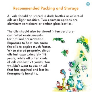 Recommended Packing and Storage
Recommended Packing and Storage
All oils should be stored in dark bottles as essential
oils are light sensitive. Two common options are
aluminum containers or amber glass bottles.
The oils should also be stored in temperature-
controlled environments
for optimal preservation.
Exposure to heat can cause
the oils to expire much faster.
When stored properly, citrus
oils last approximately 1-2
years, while all other kinds
of oils can last 2+ years. You
wouldn’t want to use an oil
that has expired and lost its
therapeutic benefits.
39
39
 