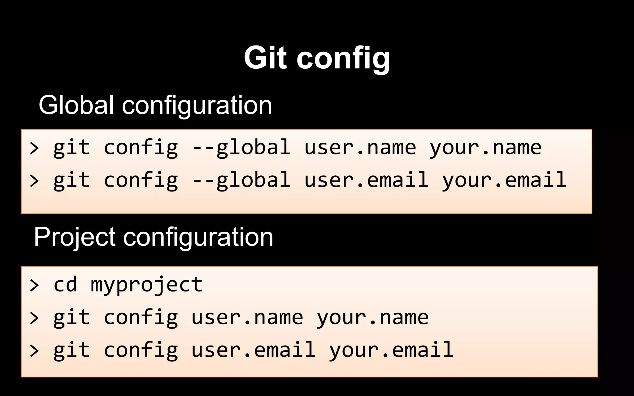 Git config
Global configuration
> git config --global user.name your.name
> git config --global user.email your.email
Project configuration
> cd myproject
> git config user.name your.name
> git config user.email your.email
 