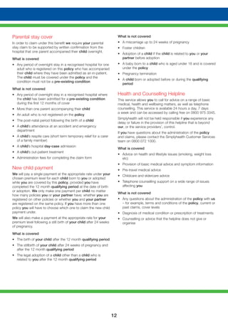 12
Parental stay cover
In order to claim under this benefit we require your parental
stay claim to be supported by written confirmation from the
hospital that one parent accompanied their child overnight.
What is covered
•	 Any period of overnight stay in a recognised hospital for one
adult who is registered on this policy who has accompanied
their child where they have been admitted as an in-patient.
The child must be covered under the policy and the
condition must not be a pre-existing condition
What is not covered
• 	 Any period of overnight stay in a recognised hospital where
the child has been admitted for a pre-existing condition
during the first 12 months of cover
• 	 More than one parent accompanying their child
• 	 An adult who is not registered on the policy
• 	 The post-natal period following the birth of a child
• 	 A child’s attendance at an accident and emergency
department
• 	 A child’s respite care (short term temporary relief for a carer
of a family member)
• 	 A child’s hospital day-case admission
• 	 A child’s out-patient treatment
• 	 Administration fees for completing the claim form
New child payment
We will pay a single payment at the appropriate rate under your
chosen premium level for each child born to you or adopted
while you are covered by this policy, provided you have
completed the 12 month qualifying period at the date of birth
or adoption. We only make one payment per child no matter
how many policies you or your partner have; whether you are
registered on other policies or whether you and your partner
are registered on the same policy. If you have more than one
policy you will have to choose which one to claim the new child
payment under.
We will also make a payment at the appropriate rate for your
premium level following a still birth of your child after 24 weeks
of pregnancy.
What is covered
• 	 The birth of your child after the 12 month qualifying period
• 	 The stillbirth of your child after 24 weeks of pregnancy and
after the 12 month qualifying period
• 	 The legal adoption of a child other than a child who is
related to you after the 12 month qualifying period
What is not covered
• 	 A miscarriage up to 24 weeks of pregnancy
• 	 Foster children
• 	 Adoption of a child if the child is related to you or your
partner before adoption
• 	 A baby born to a child who is aged under 18 and is covered
under the policy
• 	 Pregnancy termination
• 	 A child born or adopted before or during the qualifying
period
Health and Counselling Helpline
This service allows you to call for advice on a range of basic
medical, health and wellbeing matters, as well as telephone
counselling. This service is available 24 hours a day, 7 days
a week and can be accessed by calling free on 0800 975 3345.
Simplyhealth will not be held responsible if you experience any
delay or failure in the provision of this helpline that is beyond
our, or the service providers’, control.
If you have questions about the administration of the policy
and claims, please contact the Simplyhealth Customer Services
team on 0800 072 1000.
What is covered
• 	 Advice on health and lifestyle issues (smoking, weight loss
etc)
• 	 Provision of basic medical advice and symptom information
• 	 Pre-travel medical advice
• 	 Childcare and eldercare advice
• 	 Telephone counselling support on a wide range of issues
affecting you
What is not covered
• 	 Any questions about the administration of the policy with us
– for example, terms and conditions of the policy, current or
past claims, cover levels
• 	 Diagnosis of medical condition or prescription of treatments
• 	 Counselling or advice that the helpline does not give or
organise
 