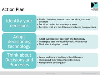 @jamet123 #decisionmgt © 2016 Decision Management Solutions 45
Action Plan
• Hidden decisions, transactional decisions, customer
decisions
• Decisions buried in complex processes
• Decisions that are the difference between two processes
Identify your
decisions
• Adopt business rules approach and technology
• Investigate data mining and predictive analytics
• Think about adaptive control
Adopt
decisioning
technology
• Learn, understand and teach the difference
• Think about their independent lifecycles
• Manage them both equally
Think about
Decisions and
Processes
 