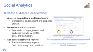 Social Analytics
• Analyze competitors and benchmark
• Campaigns, engagement and audience
growth.
• Measure across channel...