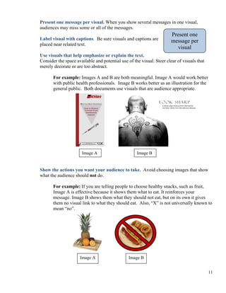 Present one message per visual. When you show several messages in one visual,
audiences may miss some or all of the messages.
11
Label visual with captions. Be sure visuals and captions are
placed near related text.
Use visuals that help emphasize or explain the text.
Consider the space available and potential use of the visual. Steer clear of visuals that
merely decorate or are too abstract.
Present one
message per
visual
For example: Images A and B are both meaningful. Image A would work better
with public health professionals. Image B works better as an illustration for the
general public. Both documents use visuals that are audience appropriate.
Image BImage A
Show the actions you want your audience to take. Avoid choosing images that show
what the audience should not do.
For example: If you are telling people to choose healthy snacks, such as fruit,
Image A is effective because it shows them what to eat. It reinforces your
message. Image B shows them what they should not eat, but on its own it gives
them no visual link to what they should eat. Also, “X” is not universally known to
mean “no”.
Image A Image B
 