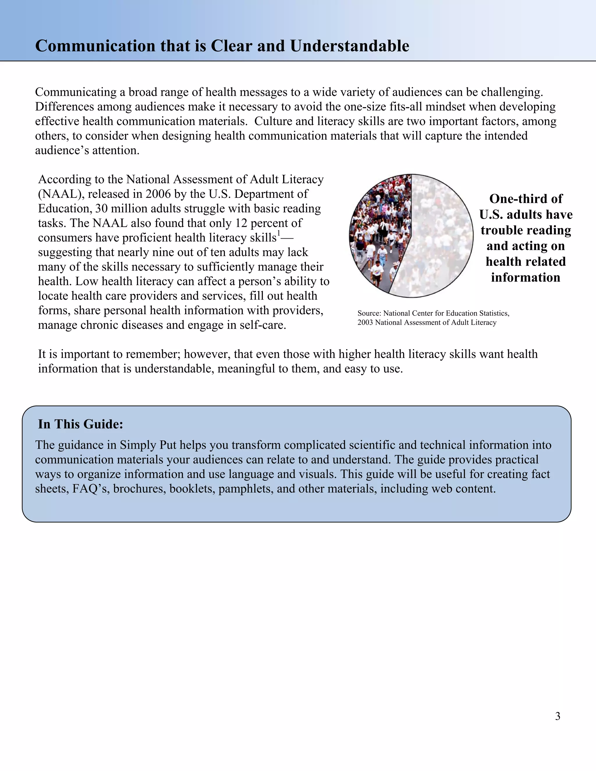 Communication that is Clear and Understandable
Communicating a broad range of health messages to a wide variety of audiences can be challenging.
Differences among audiences make it necessary to avoid the one-size fits-all mindset when developing
effective health communication materials. Culture and literacy skills are two important factors, among
others, to consider when designing health communication materials that will capture the intended
audience’s attention.
According to the National Assessment of Adult Literacy
(NAAL), released in 2006 by the U.S. Department of
Education, 30 million adults struggle with basic reading
tasks. The NAAL also found that only 12 percent of
consumers have proficient health literacy skills1—
suggesting that nearly nine out of ten adults may lack
many of the skills necessary to sufficiently manage their
health. Low health literacy can affect a person’s ability to
locate health care providers and services, fill out health
forms, share personal health information with providers,
manage chronic diseases and engage in self-care.

One-third of
U.S. adults have
trouble reading
and acting on
health related
information
Source: National Center for Education Statistics,
2003 National Assessment of Adult Literacy

It is important to remember; however, that even those with higher health literacy skills want health
information that is understandable, meaningful to them, and easy to use.

In This Guide:
The guidance in Simply Put helps you transform complicated scientific and technical information into
communication materials your audiences can relate to and understand. The guide provides practical
ways to organize information and use language and visuals. This guide will be useful for creating fact
sheets, FAQ’s, brochures, booklets, pamphlets, and other materials, including web content.

3

 