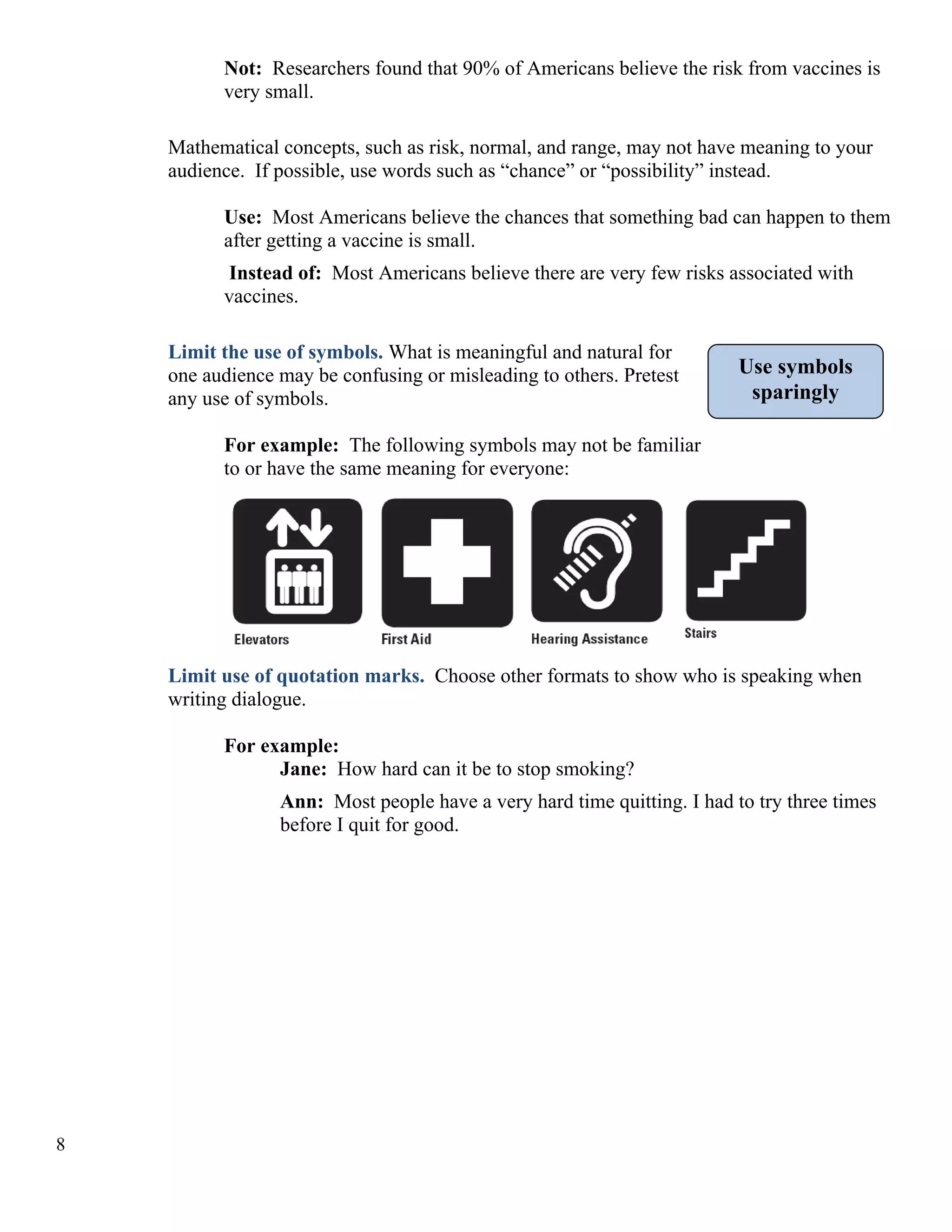 Not: Researchers found that 90% of Americans believe the risk from vaccines is
very small.
Mathematical concepts, such as risk, normal, and range, may not have meaning to your
audience. If possible, use words such as “chance” or “possibility” instead.
Use: Most Americans believe the chances that something bad can happen to them
after getting a vaccine is small.
Instead of: Most Americans believe there are very few risks associated with
vaccines.
Limit the use of symbols. What is meaningful and natural for
one audience may be confusing or misleading to others. Pretest
any use of symbols.

Use symbols
sparingly

For example: The following symbols may not be familiar
to or have the same meaning for everyone:

Limit use of quotation marks. Choose other formats to show who is speaking when
writing dialogue.
For example:
Jane: How hard can it be to stop smoking?
Ann: Most people have a very hard time quitting. I had to try three times
before I quit for good.

8

 