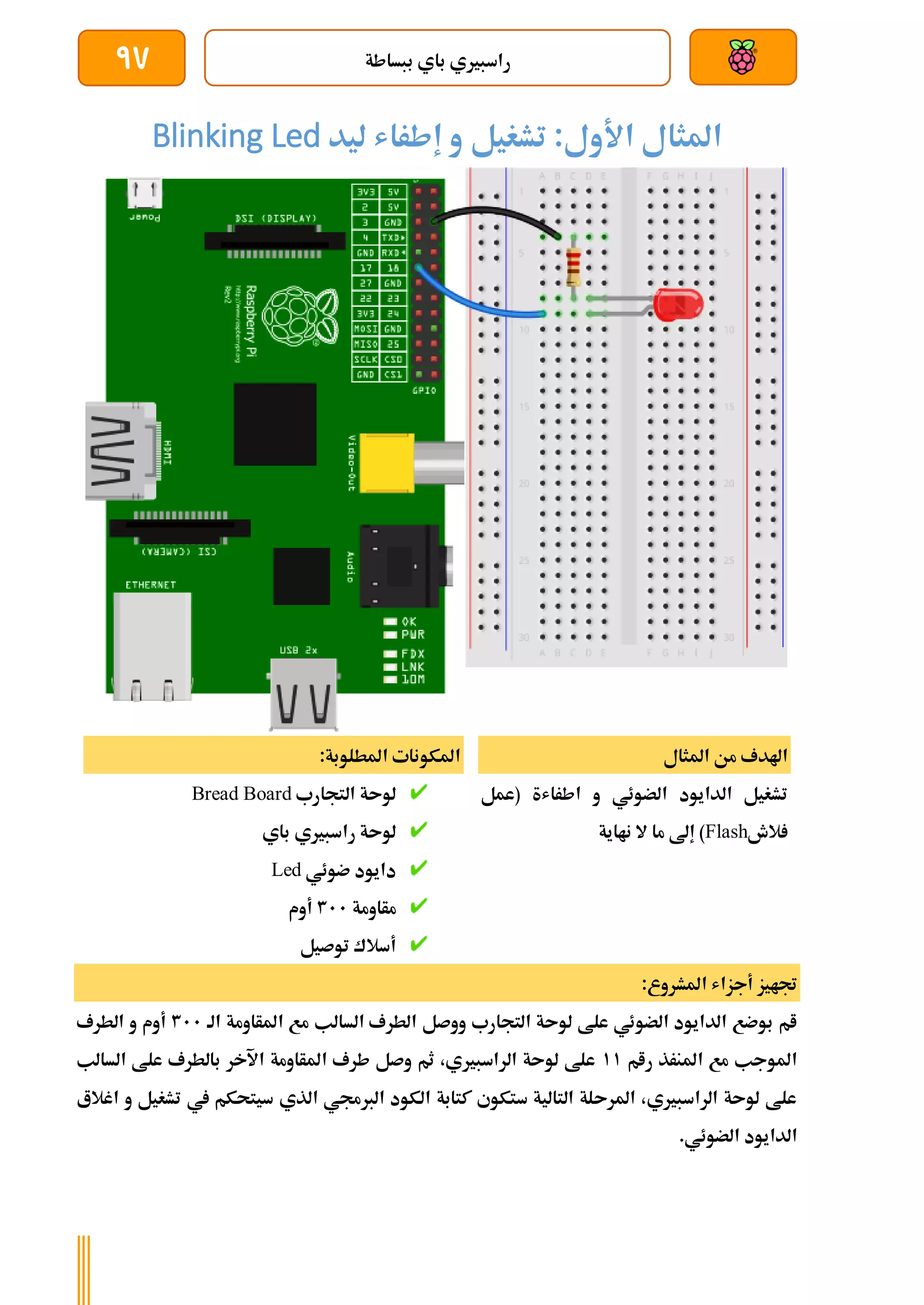 ‫ببساطة‬ ‫باي‬ ‫راسبريي‬
97
‫ليد‬ ‫إطراش‬ ‫و‬ ‫تشغيل‬ :‫األول‬ ‫املثال‬
Blinking Led
‫م‬ ‫اهلدف‬
‫املثال‬ ‫ن‬
‫(عمل‬ ‫اطراشة‬ ‫و‬ ‫الضوئي‬ ‫الدايود‬ ‫تشغيل‬
‫الش‬
Flash
‫نااية‬ ‫ال‬ ‫ما‬ ‫إىل‬ )
:‫املطلوبة‬ ‫املكونات‬
‫التجارب‬ ‫لوىة‬
Bread Board
‫باي‬ ‫راسبريي‬ ‫لوىة‬
‫ضوئي‬ ‫دايود‬
Led
‫مأاومة‬
311
‫أوم‬
‫توصيل‬ ‫أسالك‬
:‫املشروع‬ ‫أجزاش‬ ‫جتايز‬
‫السالب‬ ‫الطرف‬ ‫ووصل‬ ‫التجارب‬ ‫لوىة‬ ‫علط‬ ‫الضوئي‬ ‫الدايود‬ ‫بوضع‬ ‫ام‬
‫الة‬ ‫املأاومة‬ ‫مع‬
311
‫الطرف‬ ‫و‬ ‫أوم‬
‫رام‬ ‫املنرذ‬ ‫مع‬ ‫املوجب‬
11
‫السالب‬ ‫علط‬ ‫بالطرف‬ ‫اآلخر‬ ‫املأاومة‬ ‫طرف‬ ‫وصل‬ ‫ثم‬ ،‫الراسبريي‬ ‫لوىة‬ ‫علط‬
‫اغالع‬ ‫و‬ ‫تشغيل‬ ‫يف‬ ‫سيتحكم‬ ‫الذي‬ ‫الربجمي‬ ‫الكود‬ ‫كتابة‬ ‫ستكوي‬ ‫التالية‬ ‫املرىلة‬ ،‫الراسبريي‬ ‫لوىة‬ ‫علط‬
.‫الضوئي‬ ‫الدايود‬
 